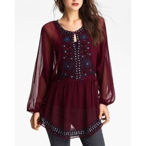 [Free people] sheer, burgundy, beaded tunic